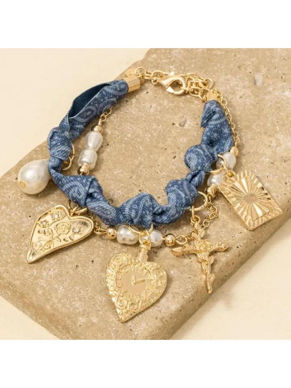 Cross Floral Hearts and Pearl Charms Denim Knotted Bracelet